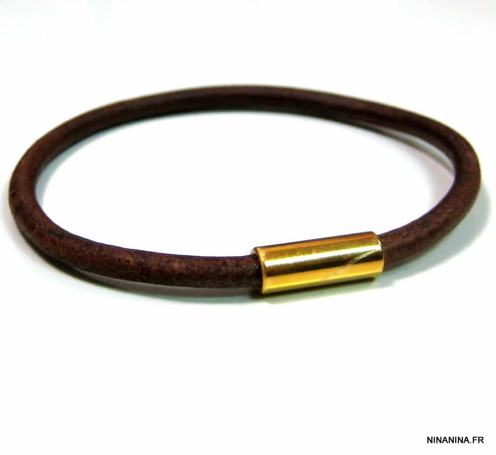 Bracelet homme cuir fermoir cylindrique Acier doré aimanté – Image 2