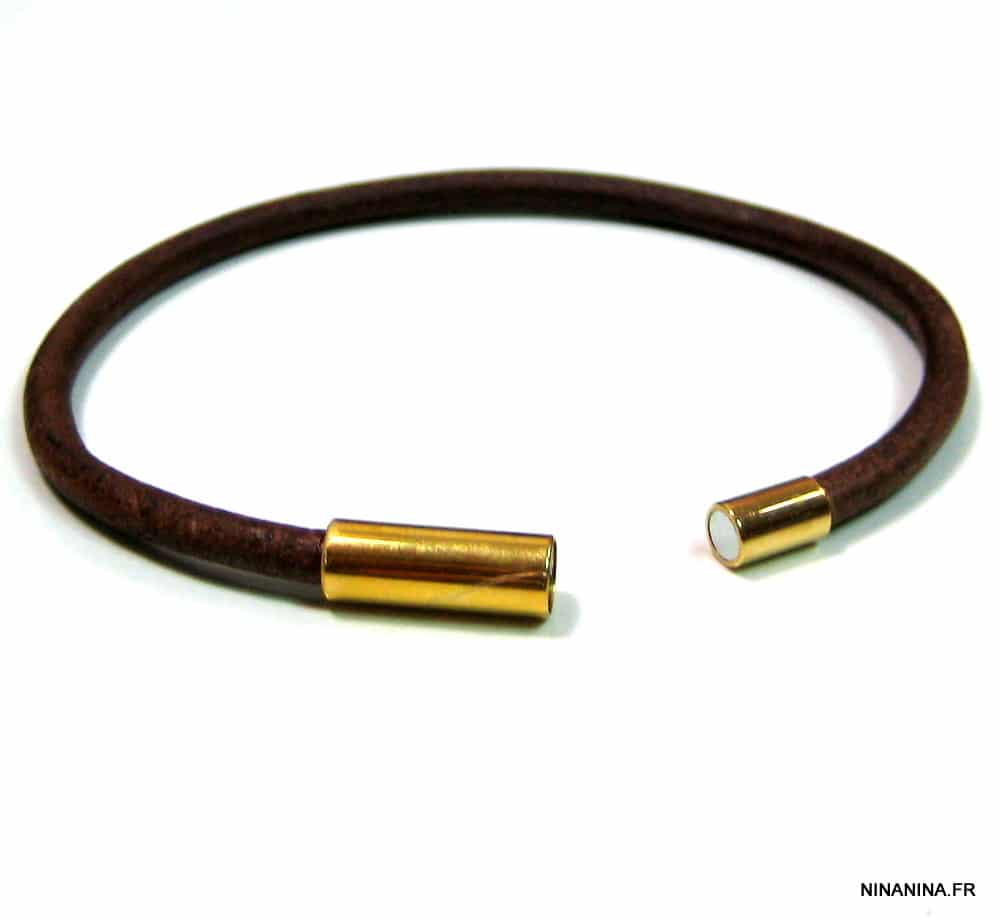 Bracelet homme cuir fermoir cylindrique Acier doré aimanté – Image 5