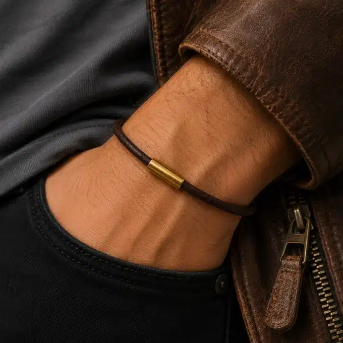N4505b Bracelet homme cuir fermoir cylindrique Acier doré aimanté - Bijoux bracelets hommes en ligne Ninanina