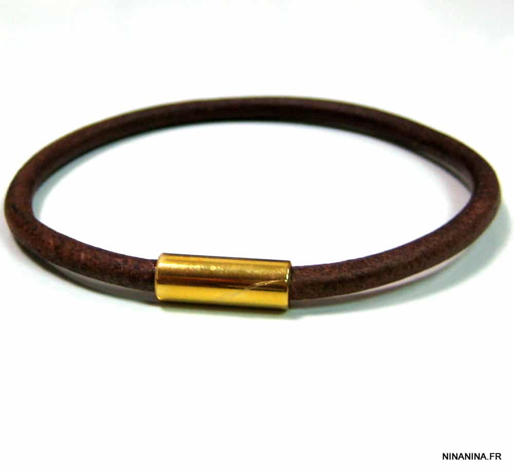 Bracelet homme cuir fermoir cylindrique Acier doré aimanté – Image 7
