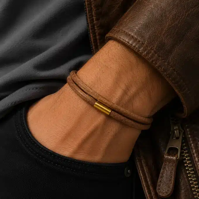 N4506 Bracelet homme gros cordon cuir Acier doré aimanté - Bijoux bracelets hommes en ligne Ninanina