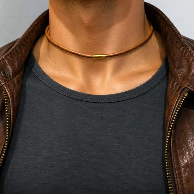 N4506 Collier homme cuir fermoir aimanté Acier inoxydable doré - Bijoux colliers hommes en ligne Ninanina