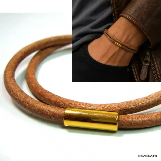 N4506a Bracelet homme gros cordon cuir Acier doré aimanté - Bijoux bracelets hommes en ligne Ninanina