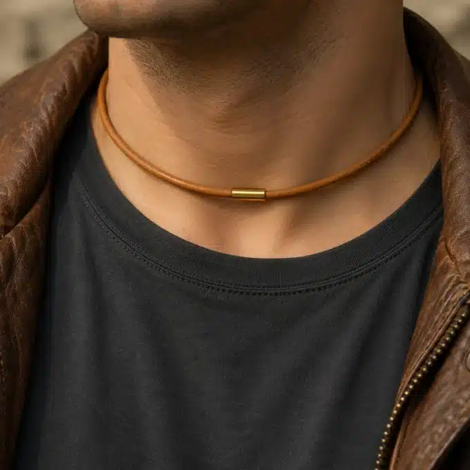 N4506b Collier homme cuir fermoir aimanté Acier inoxydable doré - Bijoux colliers hommes en ligne Ninanina