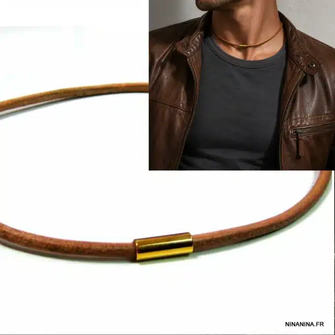 N4506c Collier homme cuir fermoir aimanté Acier inoxydable doré - Bijoux colliers hommes en ligne Ninanina