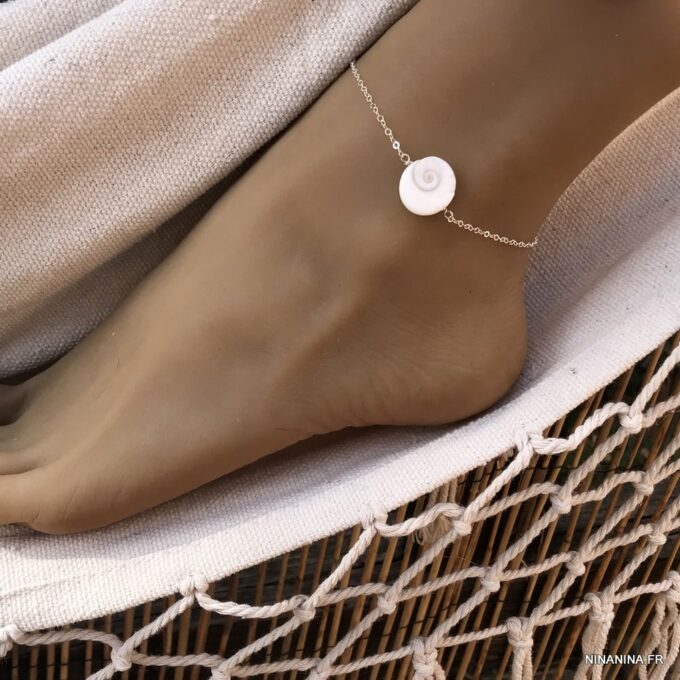 N4518H Bijou oeil de Sainte Lucie – Chaine de cheville coquillage blanc - Bijoux de pied en ligne Ninanina