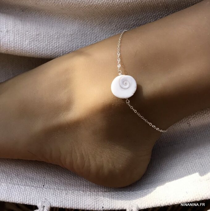 N4518L Bijou oeil de Sainte Lucie – Chaine de cheville coquillage blanc - Bijoux de pied en ligne Ninanina