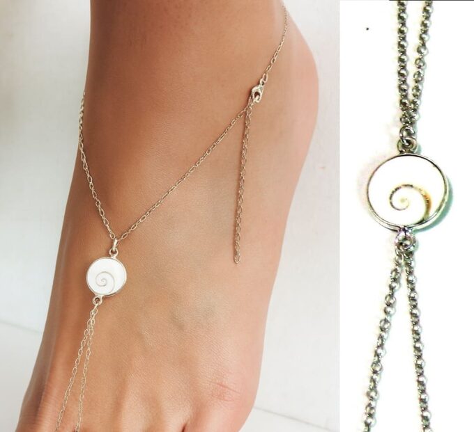 N4519 Chaine de Pied en Argent 925 et Coquillage Oeil de Sainte Lucie – Bijou Porte-Bonheur Artisanal - Bijoux de pieds en ligne Ninanina