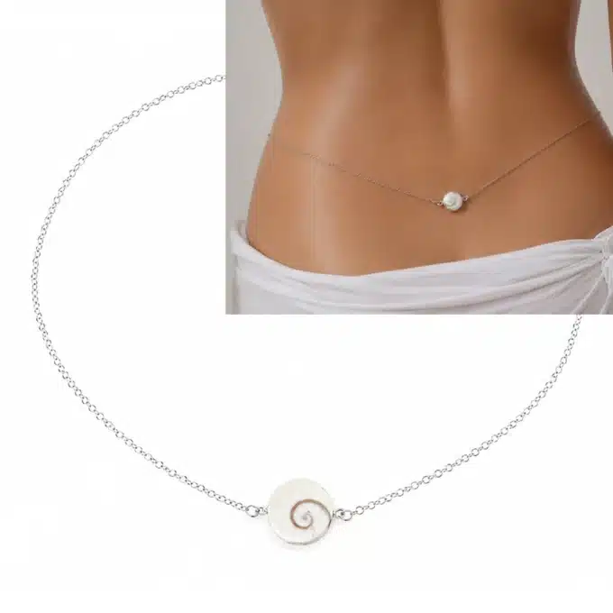 N4529a Chaine de taille Argent oeil de Sainte Lucie - bijou coquillage - Bijoux de corps emmes en ligne Ninanina