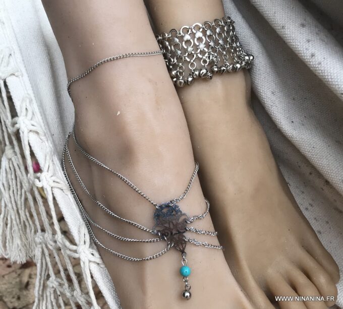 N4530a Chaine de pied indienne Acier inoxydable Et Turquoise - Bijoux de pied en ligne Ninanina