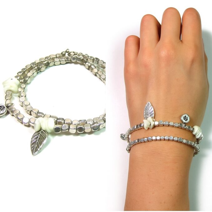 N4547e Bracelet double tour artisanal en perles carrées argentées et nacre blanche pour femme - Bijoux Bracelets boheme chic en ligne Ninanina