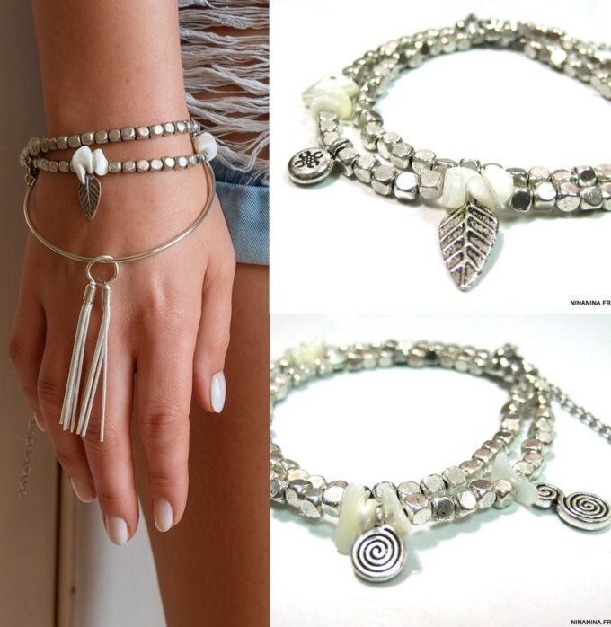 N4547g Bracelet double tour artisanal en perles carrées argentées et nacre blanche pour femme - Bijoux Bracelets boheme chic en ligne Ninanina