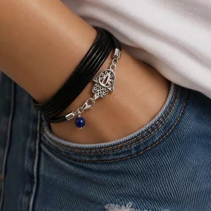 N4564 Bracelet cordon main de fatma Argent 925 massif lapis lazzuli - Bijoux bracelets en ligne Ninanina
