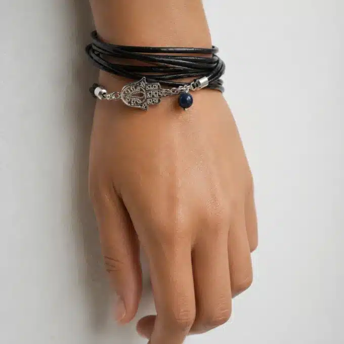 N4564a Bracelet cordon main de fatma Argent 925 massif lapis lazzuli - Bijoux bracelets en ligne Ninanina