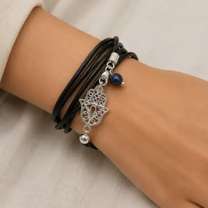 N4564b Bracelet cordon main de fatma Argent 925 massif lapis lazzuli - Bijoux bracelets en ligne Ninanina