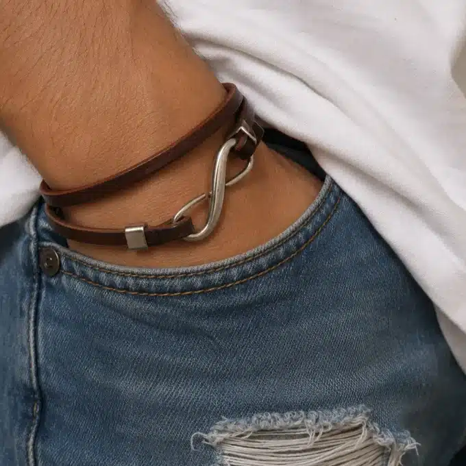 N4565a Bracelet infini pour homme Argent et cuir personnalisé - Bijoux bracelets hommes en ligne Ninanina