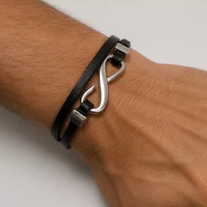 N4565b Bracelet infini pour homme Argent et cuir personnalisé - Bijoux bracelets hommes en ligne Ninanina