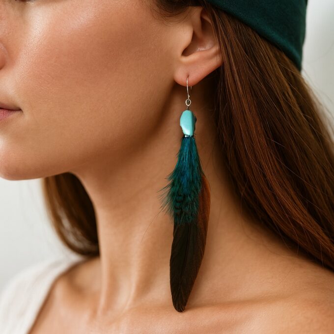 N4596 Boucles d’oreilles plumes véritables – argent 925 et turquoise naturelle - Bijoux Boucle d'oreille pendantes en ligne Ninanina