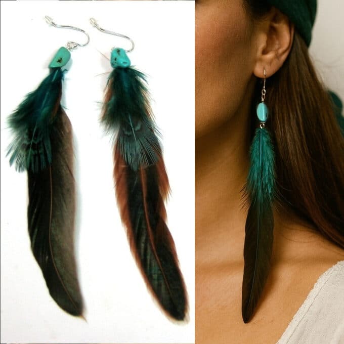 N4596a Boucles d’oreilles plumes véritables – argent 925 et turquoise naturelle - Bijoux Boucle d'oreille pendantes en ligne Ninanina