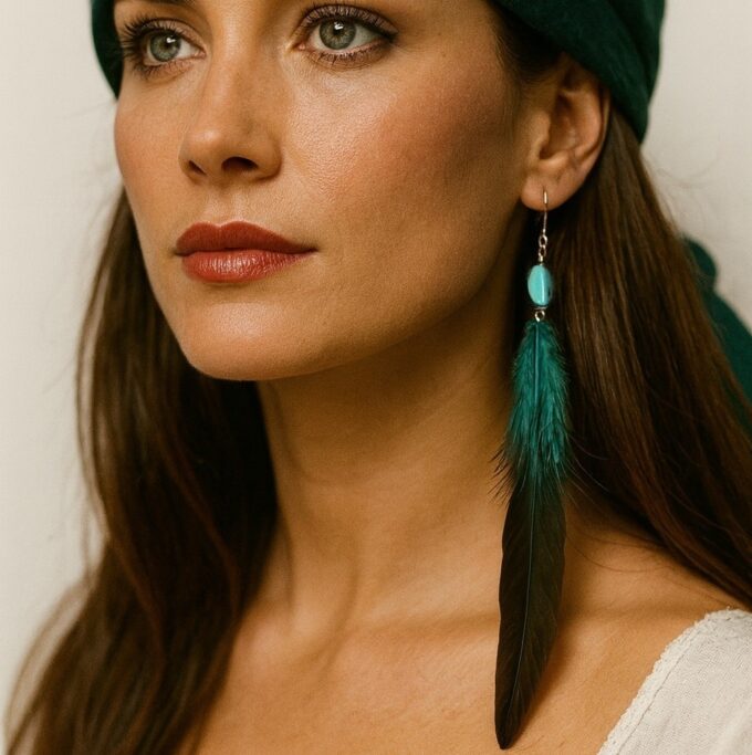 N4596b Boucles d’oreilles plumes véritables – argent 925 et turquoise naturelle - Bijoux Boucle d'oreille pendantes en ligne Ninanina