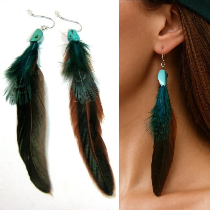 N4596c Boucles d’oreilles plumes véritables – argent 925 et turquoise naturelle - Bijoux Boucle d'oreille pendantes en ligne Ninanina