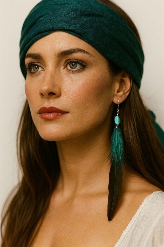 N4596d Boucles d’oreilles plumes véritables – argent 925 et turquoise naturelle - Bijoux Boucle d'oreille pendantes en ligne Ninanina