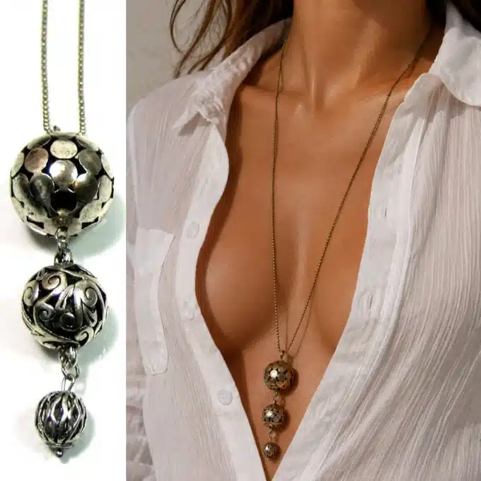 N4608e Collier long fantaisie femme - sautoir 3 boules argentées - Bijoux colliers femmes en ligne Ninanina