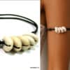 N4609a Bracelet de biceps femme artisanal coquillages cauris blancs cordon cuir réglable noeuds coulissants - Bracelets de bras