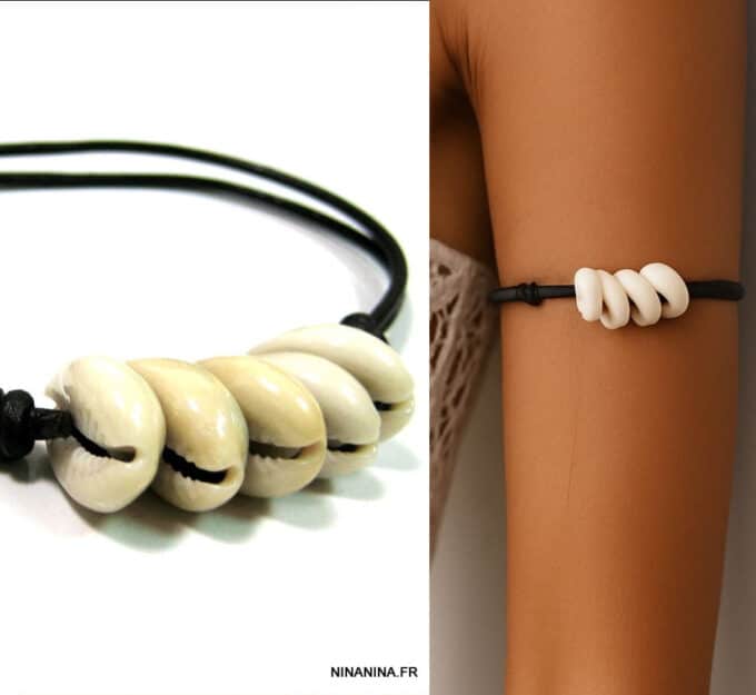 N4609a Bracelet de biceps femme artisanal coquillages cauris blancs cordon cuir réglable noeuds coulissants - Bracelets de bras