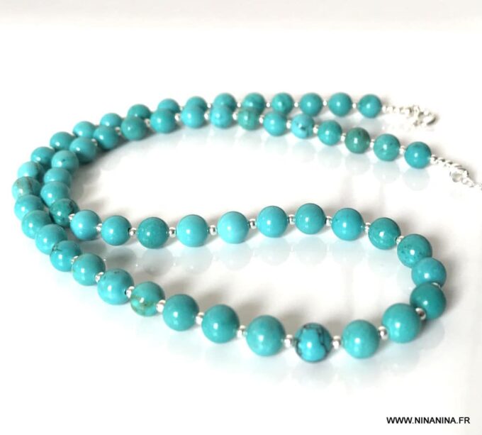 N4622b Collier Turquoise véritable et Argent 925 massif femme - Bijoux Colliers en ligne Ninanina