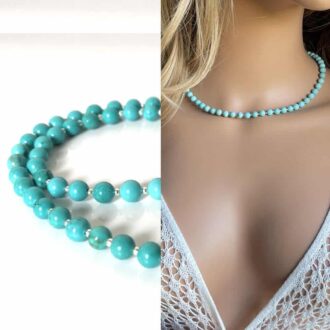 Gros plan sur Collier élégant pour femme, composé de turquoise naturelle et d’argent 925 massif, création Ninanina. La composition présente à gauche un gros plan détaillé des perles turquoise et à droite, le collier porté sur un mannequin, mettant en valeur son élégance avec une robe en dentelle blanche.