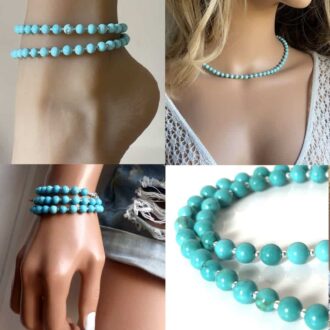 Collier en turquoise véritable et argent 925 massif, bijou fait main pour femme, signé Ninanina. La composition montre le bijou porté de différentes façons : en collier, bracelet et chaine de cheville