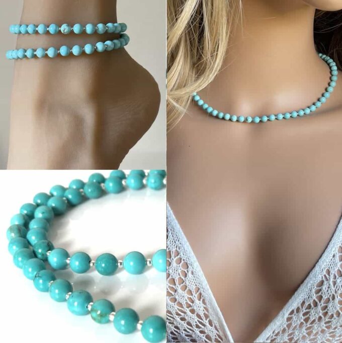 N4622f Collier Turquoise véritable et Argent 925 massif femme - Bijoux Coliers femmes en ligne Ninanina Collier turquoise et argent pour femme, bijou artisanal fait à la main. Composition montrant le bijou porté en collier mais aussi en bracelet de cheville et montrant le détail des perles bleues
