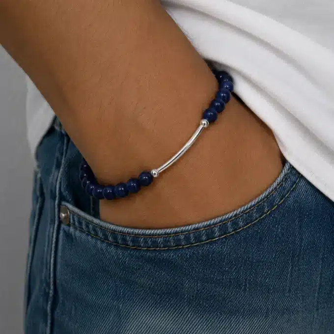 N4623 Bracelet perles pierres fines Lapis Lazuli argent 925 - Bijoux bracelets hommes en ligne Ninanina