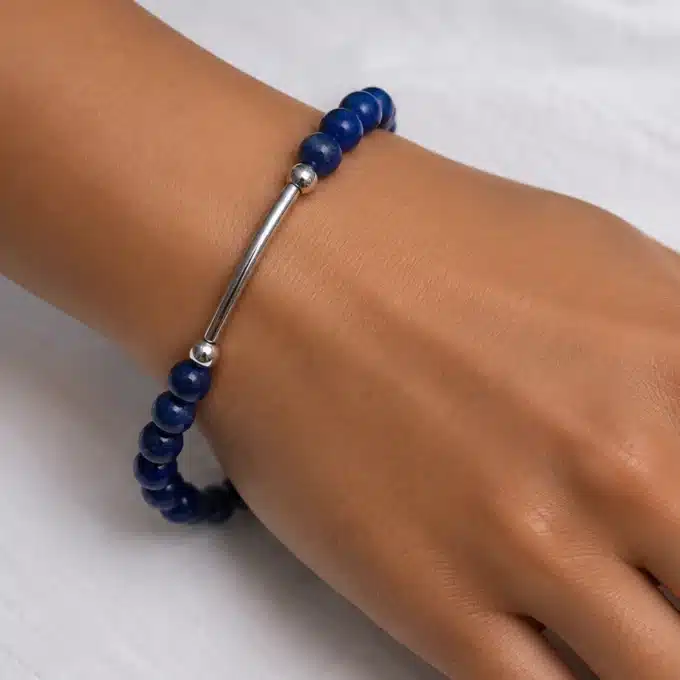 N4623a Bracelet perles pierres fines Lapis Lazuli argent 925 - Bijoux bracelets hommes en ligne Ninanina
