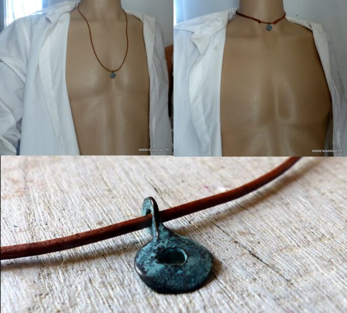 N4631 Collier cordon cuir homme pendentif tribal turquoise patiné - Bijoux Colliers en ligne Ninanina