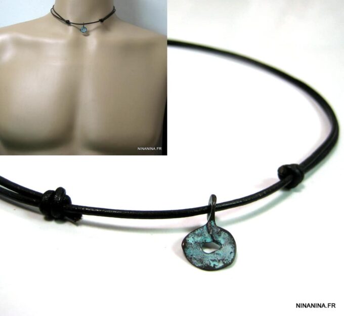 N4631 collier ethnique cuir disque turquoise bronze