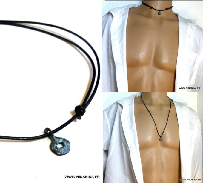 N4631 Collier homme cordon cuir pendentif tribal patiné turquoise NINANINA