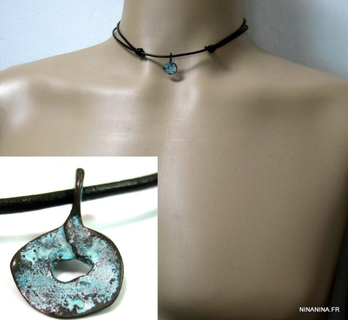 N4631d collier ethnique cuir disque turquoise bronze