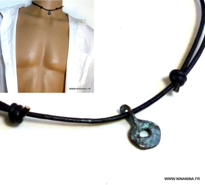 N4631g Collier homme cordon cuir pendentif tribal patiné turquoise NINANINA
