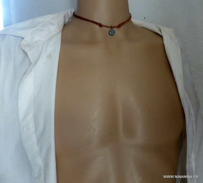 N4631k Collier cordon cuir homme pendentif tribal turquoise patiné - Bijoux Colliers en ligne Ninanina