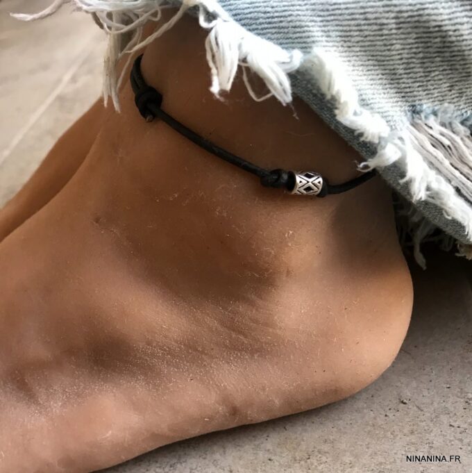 N4655c Bracelet de cheville en cuir et Argent 925 homme - Bijoux de pied en ligne Ninanina