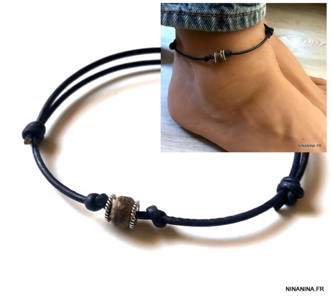 N4656a Chaine de cheville pour homme en cuir et Argent - Bijoux de pieds hommes en ligne Ninanina