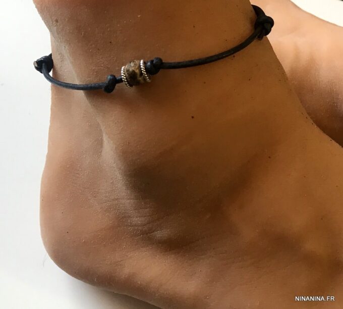 N4656b Chaine de cheville pour homme en cuir et Argent - Bijoux de pieds hommes en ligne Ninanina