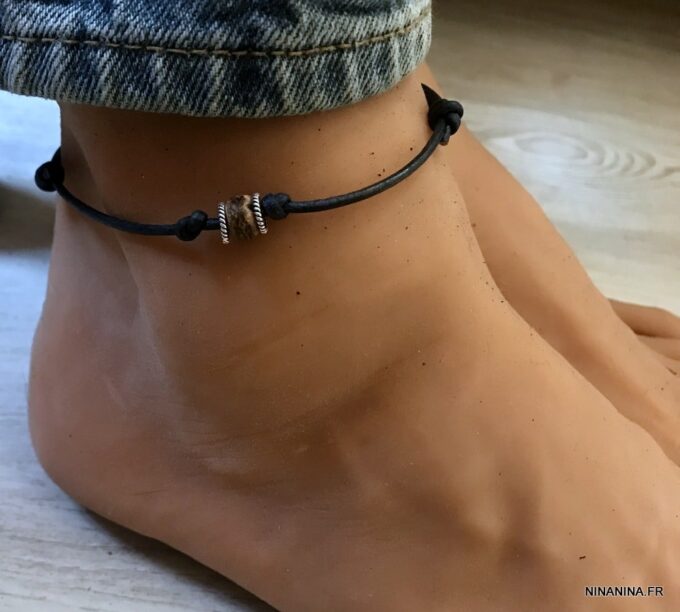 N4656e Chaine de cheville pour homme en cuir et Argent - Bijoux de pieds hommes en ligne Ninanina