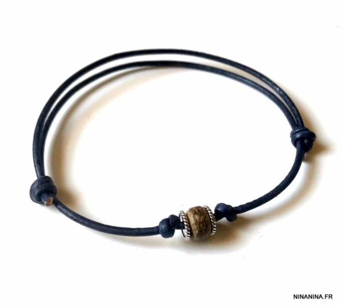 N4656f Chaine de cheville pour homme en cuir et Argent - Bijoux de pieds hommes en ligne Ninanina