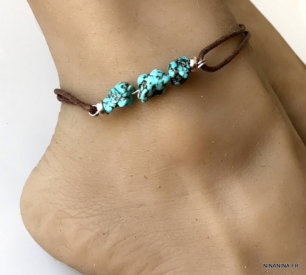 Bracelet cheville bleu turquoise naturelle argent femme - Ninanina