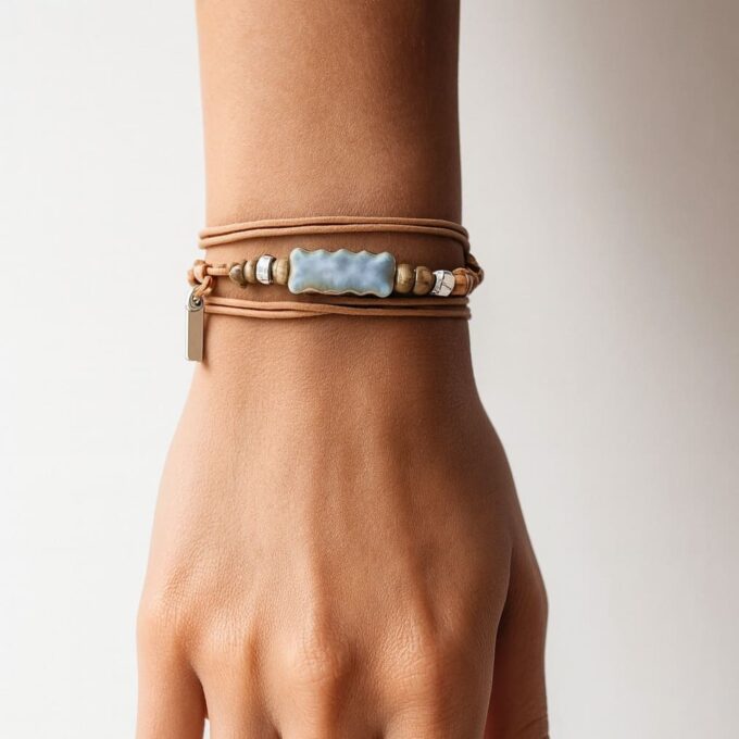 N4680a Bracelet Bohème Chic Multi Tour Cuir Naturel et Perle rectangle de Bohème Bleue - Bijoux Bracelets femmes en ligne Ninanina