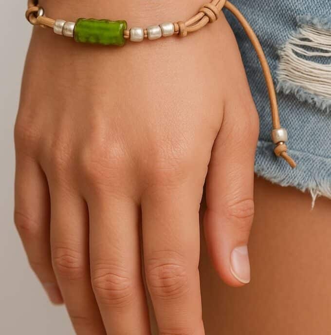 N4680F Bracelet Bohème Chic Multi Tour Cuir Naturel et Perle rectangle de Bohème Bleue - Bijoux Bracelets femmes en ligne Ninanina