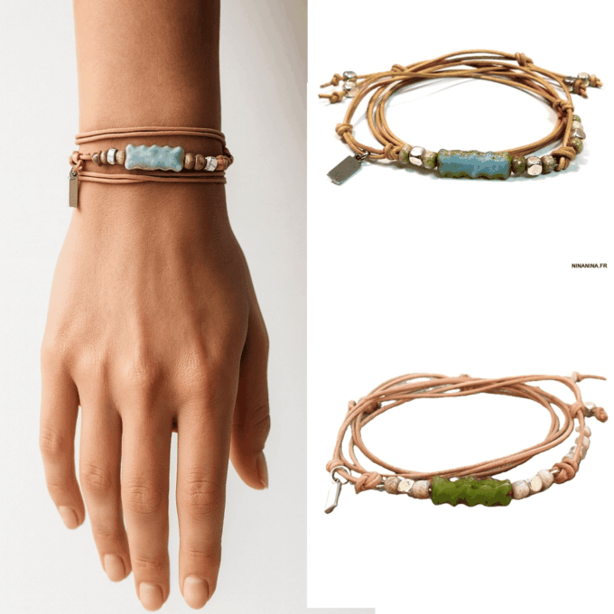 N4680G Bracelet Bohème Chic Multi Tour Cuir Naturel et Perle rectangle de Bohème Bleue - Bijoux Bracelets femmes en ligne Ninanina